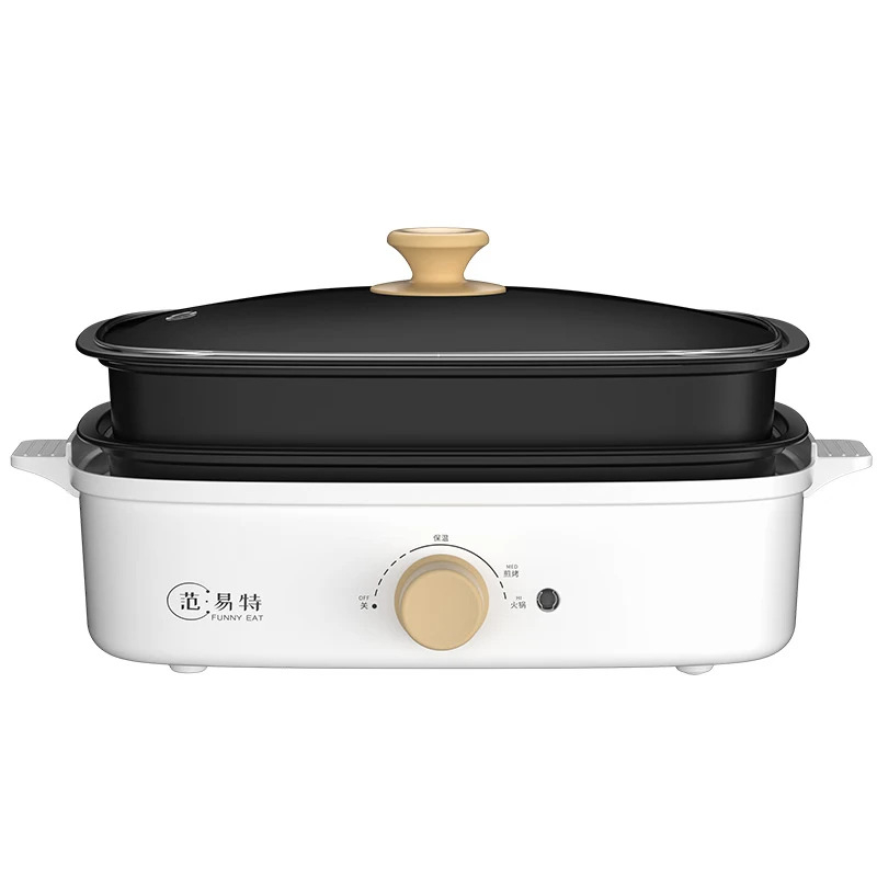Električna višefunkcijska posuda s mogućnostima hot pot i Teppanyaki; snaga 1001–1200 W; plastično kućište; pogodno za 3–5 osoba; upravljanje gumbom