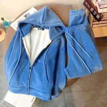 Ženski dvodijelni set s jaknom na zip i fleece podstavom, korejskog stila, opušteni sportski stil, chenille tkanina s 90–95% spandexa, dugi rukavi