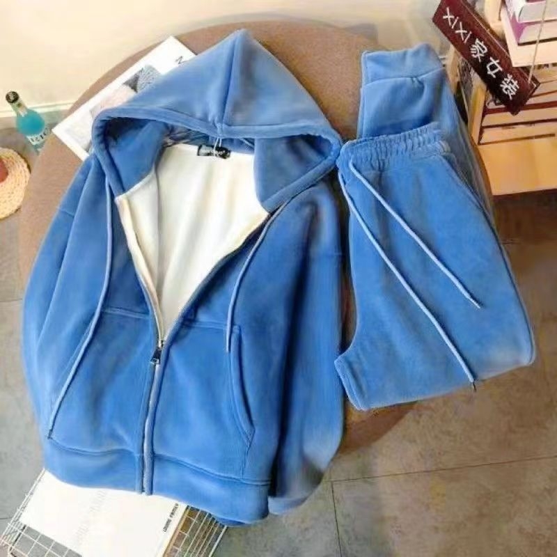 Ženski dvodijelni set s jaknom na zip i fleece podstavom, korejskog stila, opušteni sportski stil, chenille tkanina s 90–95% spandexa, dugi rukavi
