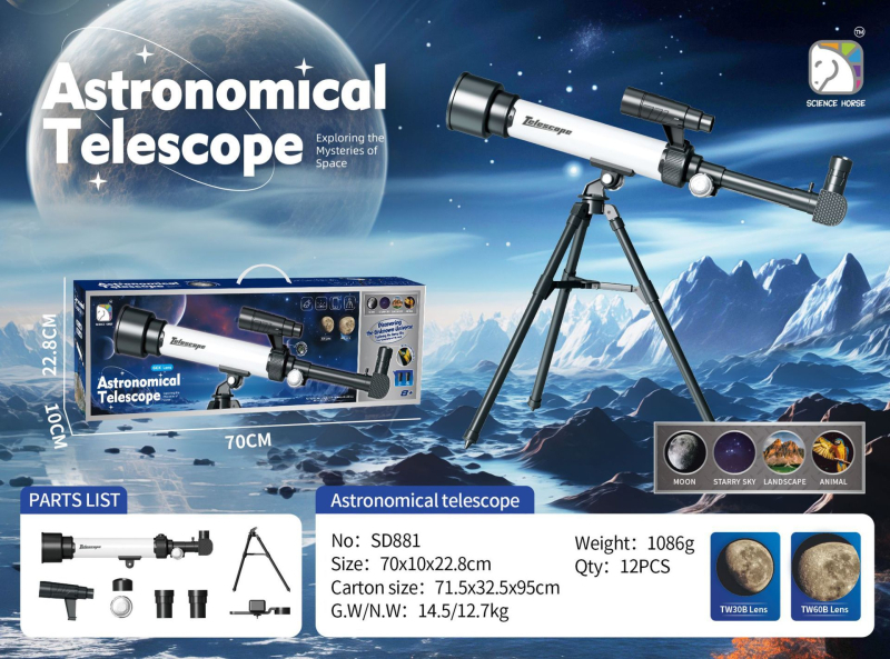 Telescope școlar pentru copii - plastica, DIY, non-electric, educațional de fizică, pentru vârsta 7-14 ani