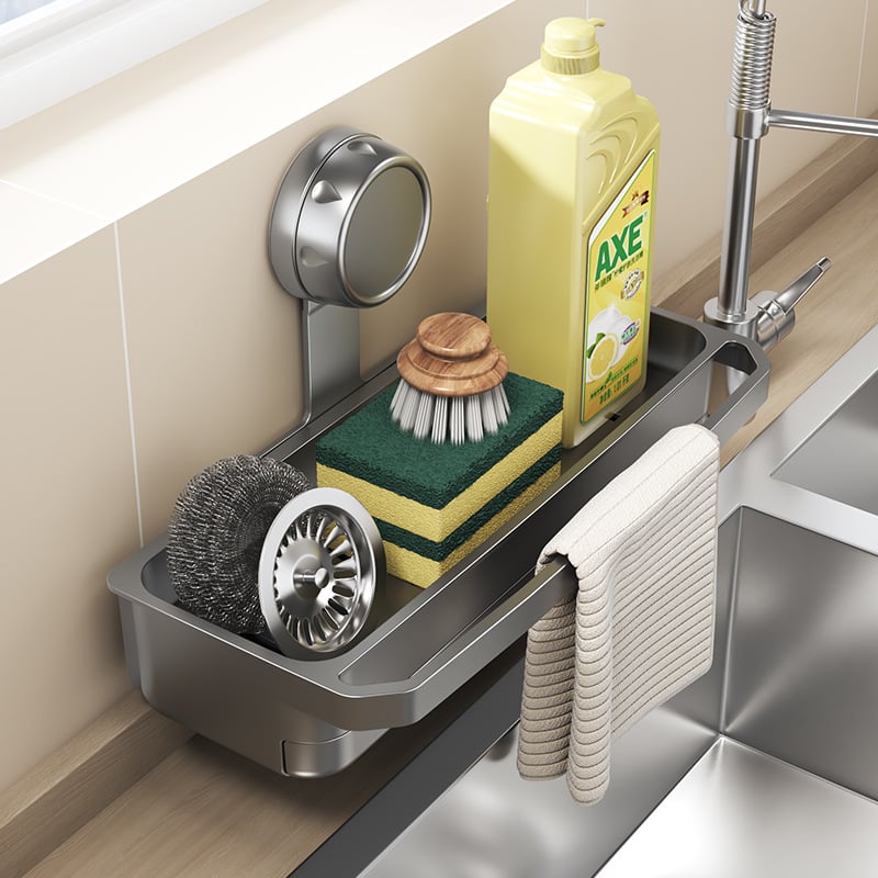 Стенно монтиран рафт за гъба с вакуумна чашка – кухненски органайзер, пластмасов, без монтаж