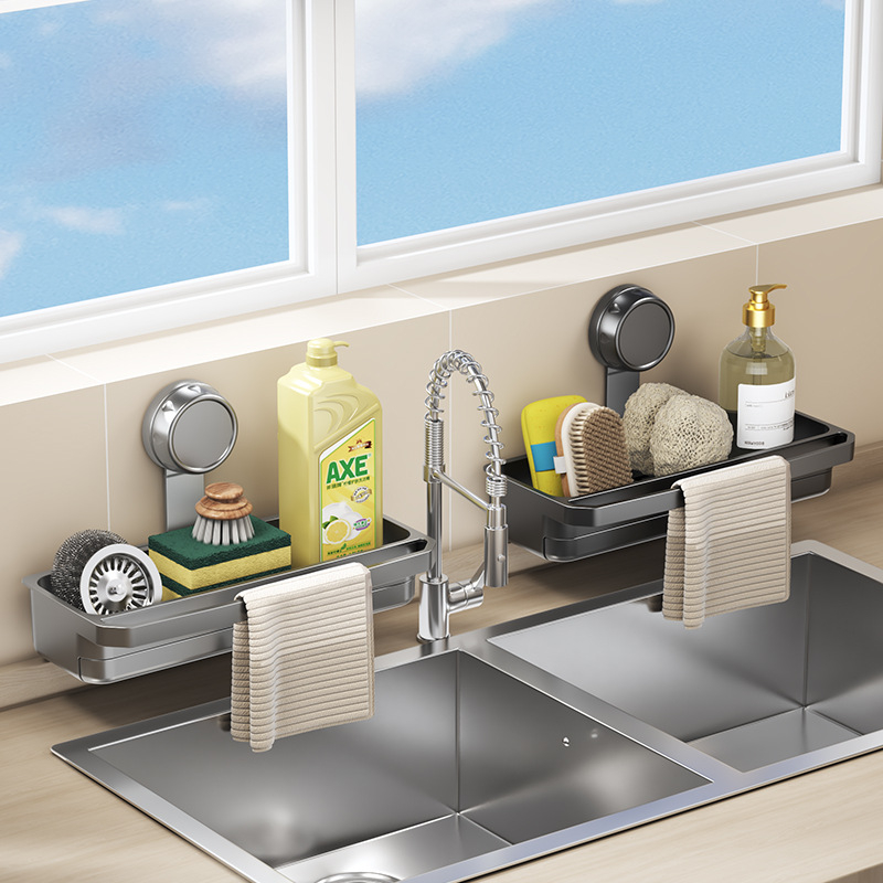 Стенно монтиран рафт за гъба с вакуумна чашка – кухненски органайзер, пластмасов, без монтаж