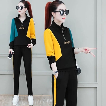 Costum casual pentru femei, cu pantaloni, poliester, conținut 90-95% poliester, panouri colaj, mâneci lungi