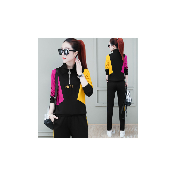 Costum casual pentru femei, cu pantaloni, poliester, conținut 90-95% poliester, panouri colaj, mâneci lungi