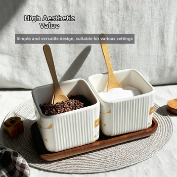 Set ceramic pentru condimente, uz casnic — stil light luxury, design pătrate cu dungi verticale, borcan de sare, imprimare logo și personalizare