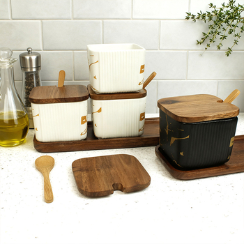 Set ceramic pentru condimente, uz casnic — stil light luxury, design pătrate cu dungi verticale, borcan de sare, imprimare logo și personalizare