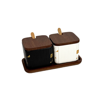 Set ceramic pentru condimente, uz casnic — stil light luxury, design pătrate cu dungi verticale, borcan de sare, imprimare logo și personalizare