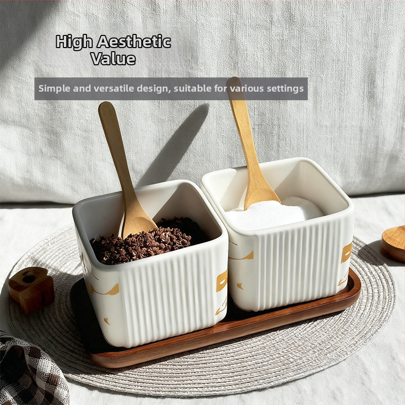 Set ceramic pentru condimente, uz casnic — stil light luxury, design pătrate cu dungi verticale, borcan de sare, imprimare logo și personalizare