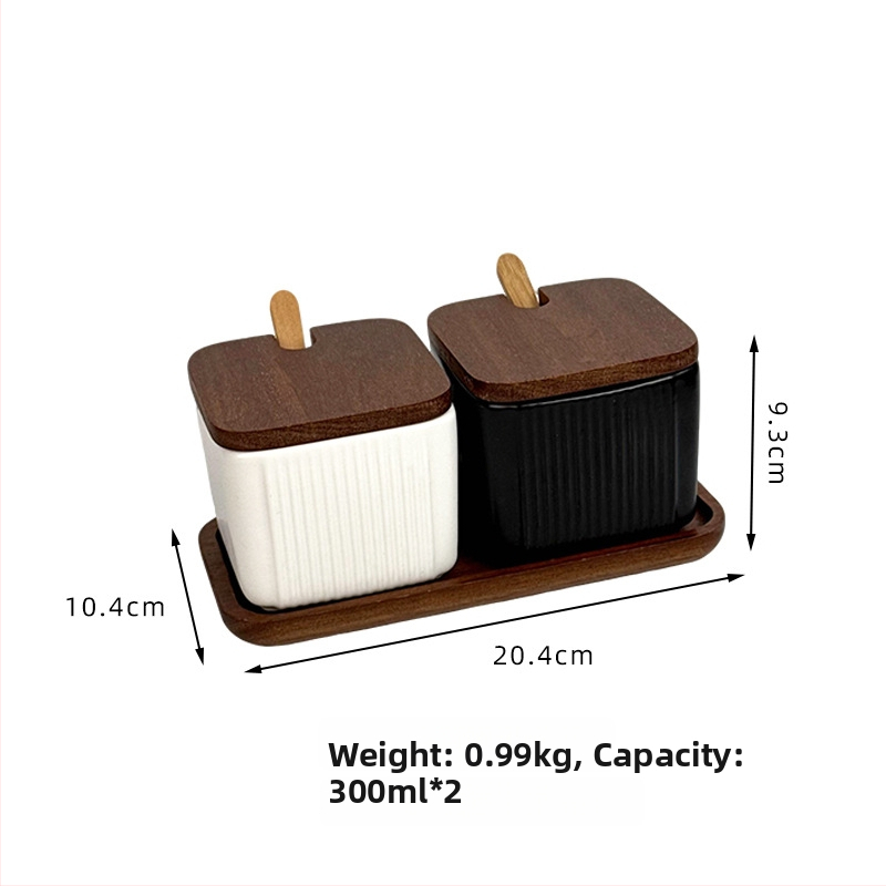 Set ceramic pentru condimente, uz casnic — stil light luxury, design pătrate cu dungi verticale, borcan de sare, imprimare logo și personalizare