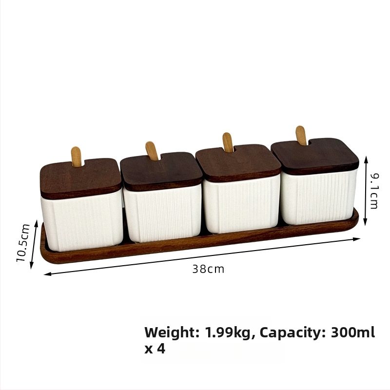 Set ceramic pentru condimente, uz casnic — stil light luxury, design pătrate cu dungi verticale, borcan de sare, imprimare logo și personalizare