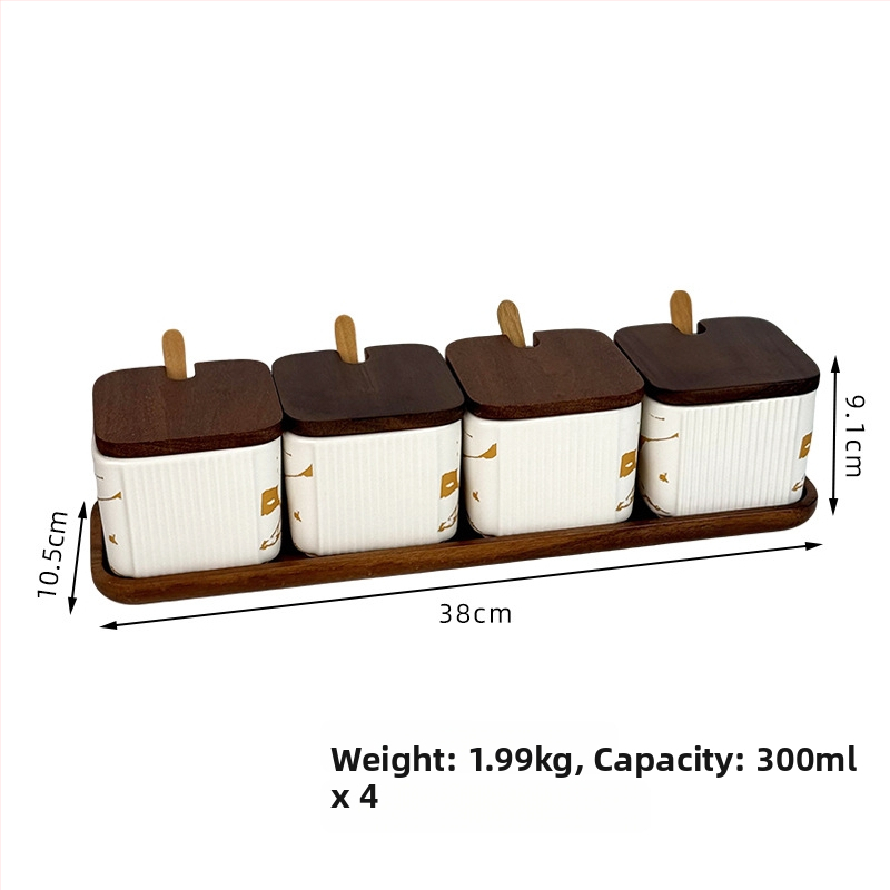 Set ceramic pentru condimente, uz casnic — stil light luxury, design pătrate cu dungi verticale, borcan de sare, imprimare logo și personalizare