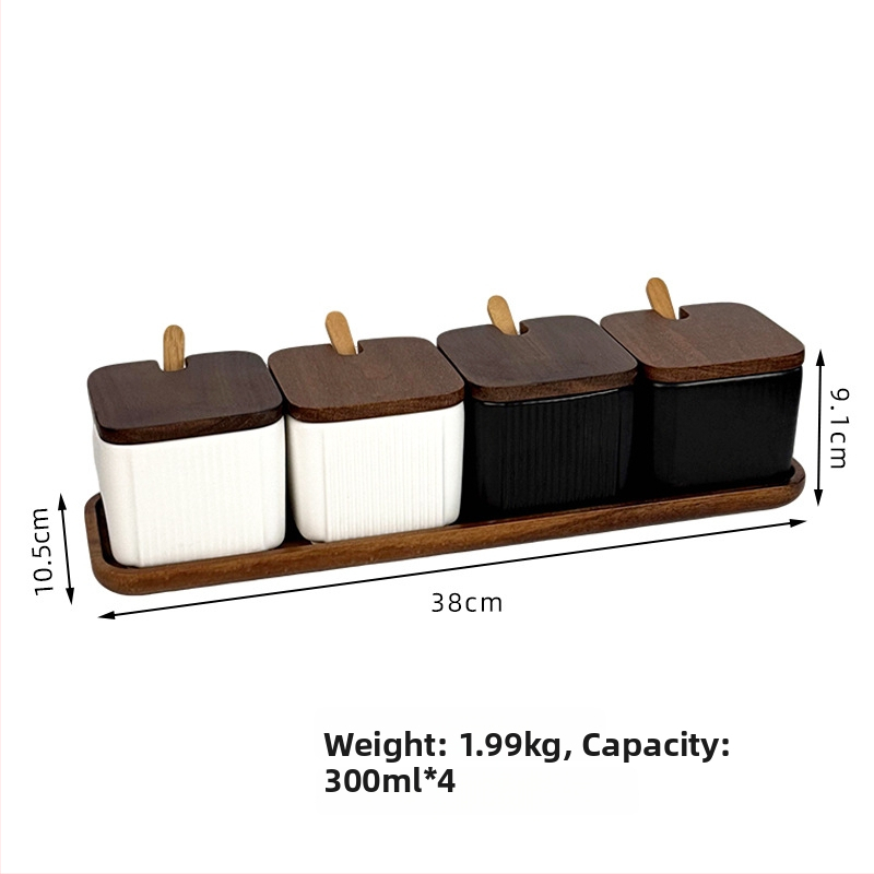 Set ceramic pentru condimente, uz casnic — stil light luxury, design pătrate cu dungi verticale, borcan de sare, imprimare logo și personalizare