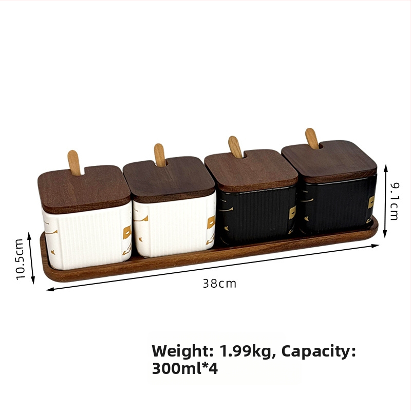 Set ceramic pentru condimente, uz casnic — stil light luxury, design pătrate cu dungi verticale, borcan de sare, imprimare logo și personalizare