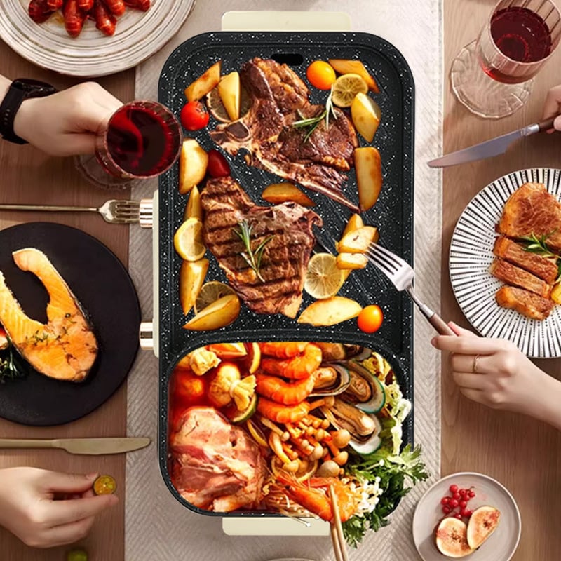 All-in-One Shabu-Shabu lonac s grillom — 1500W, kućište i posuda od aluminijske legure, za 4–5 osoba, regulacija temperature, prženje, kuhanje, hot pot, teppanyaki