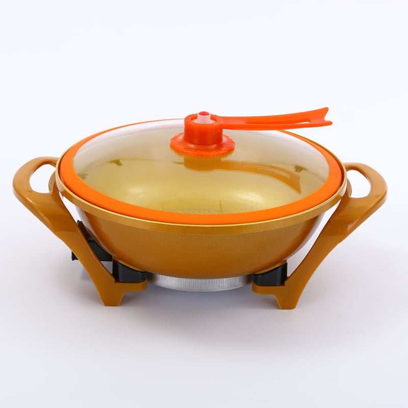 Πολυλειτουργικός ηλεκτρικός γουόκ με καπάκι από γυαλί κενού — Αλουμινίου κράμα, 220V, 1500W, μη κολλητικό τηγάνι, λειτουργίες: ατμός, σοτάρισμα, βράσιμο, στιφάδο