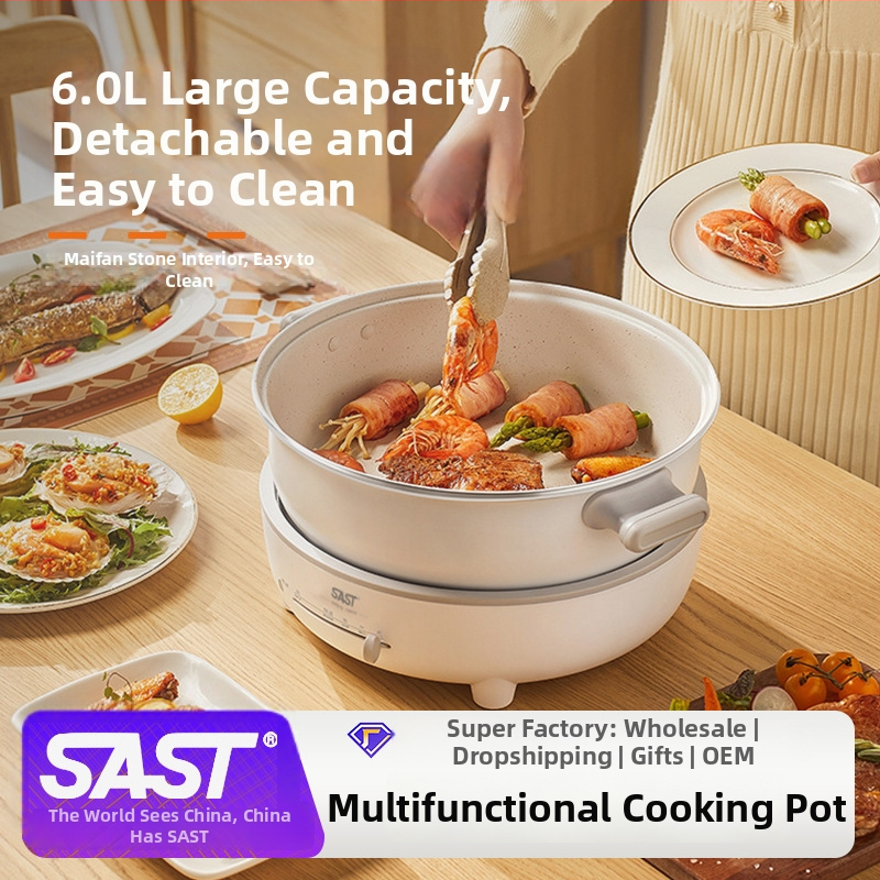 SAST Odnímateľný elektrický viacúčelový hrniec s vnútorným Maifan kameňom, 6 l, 1200–1500 W, funkcie: vyprážanie, varenie, dusenie, hot pot