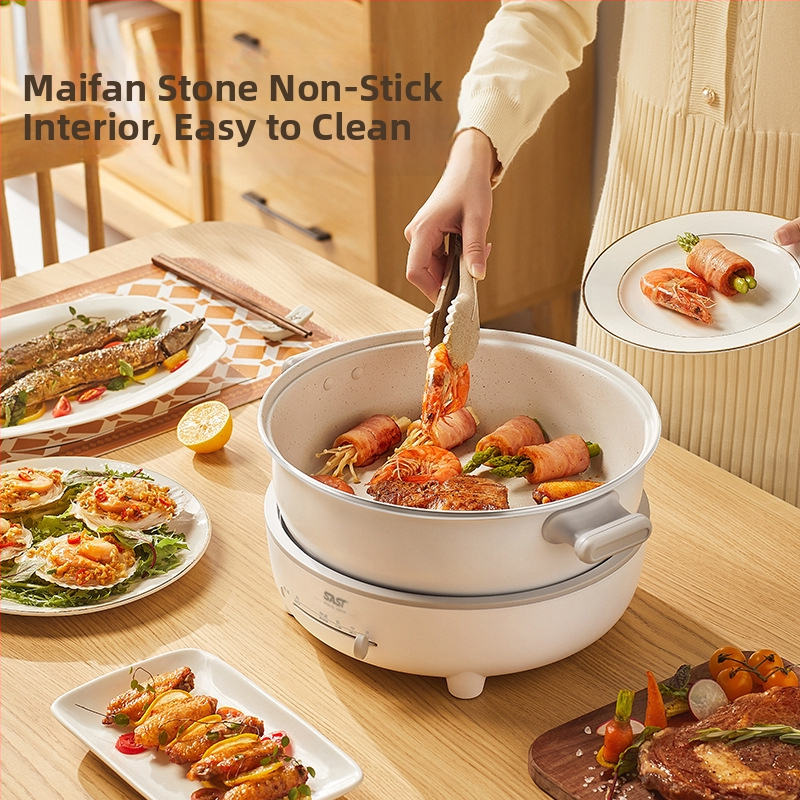 SAST Odnímateľný elektrický viacúčelový hrniec s vnútorným Maifan kameňom, 6 l, 1200–1500 W, funkcie: vyprážanie, varenie, dusenie, hot pot