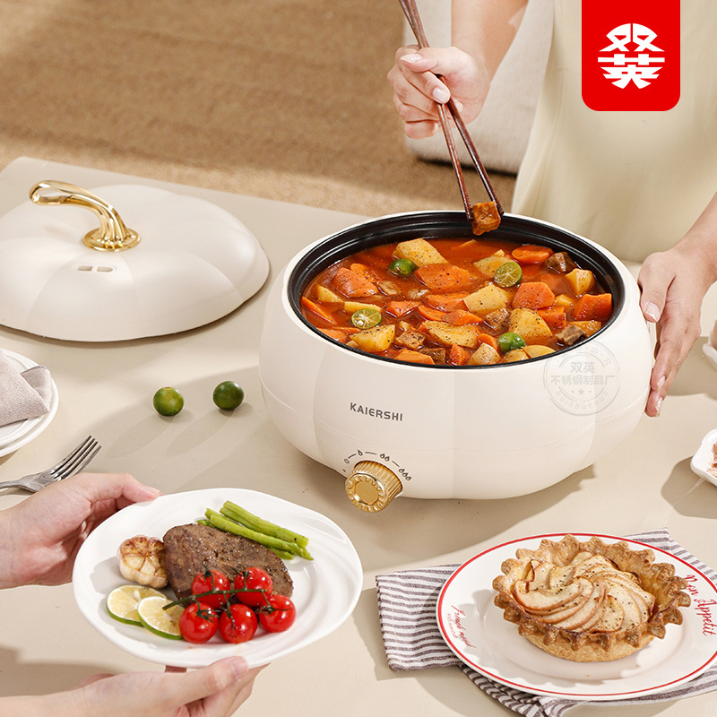 Oală electrică multifuncțională, 3–4 L, 1200–1500 W, vas interior cu strat antiaderent, reglaj de temperatură, control prin buton rotativ, funcții multiple (sote, prăjit, fierbere, hot pot)