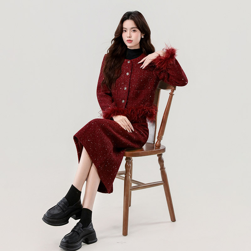 Set din două piese: top cardigan și fustă midi, țesut, amestec poliester-cashmere, mâneci lungi, stil casual japonezo-koreean