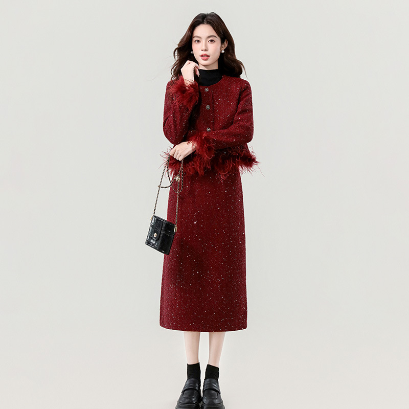 Set din două piese: top cardigan și fustă midi, țesut, amestec poliester-cashmere, mâneci lungi, stil casual japonezo-koreean