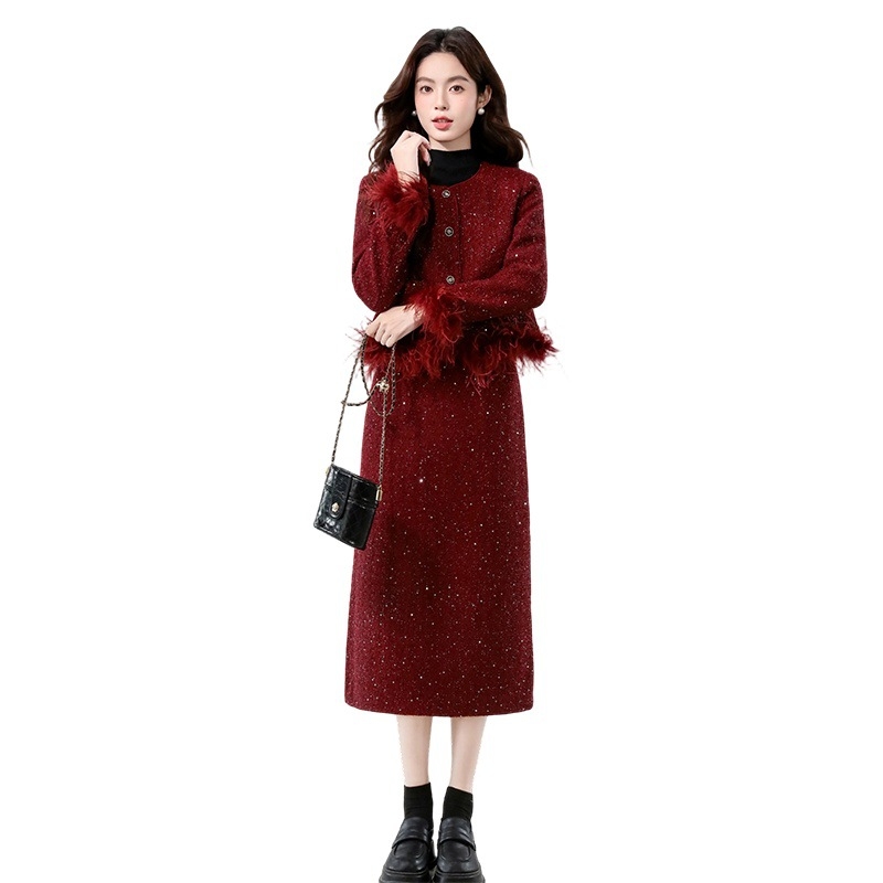 Set din două piese: top cardigan și fustă midi, țesut, amestec poliester-cashmere, mâneci lungi, stil casual japonezo-koreean