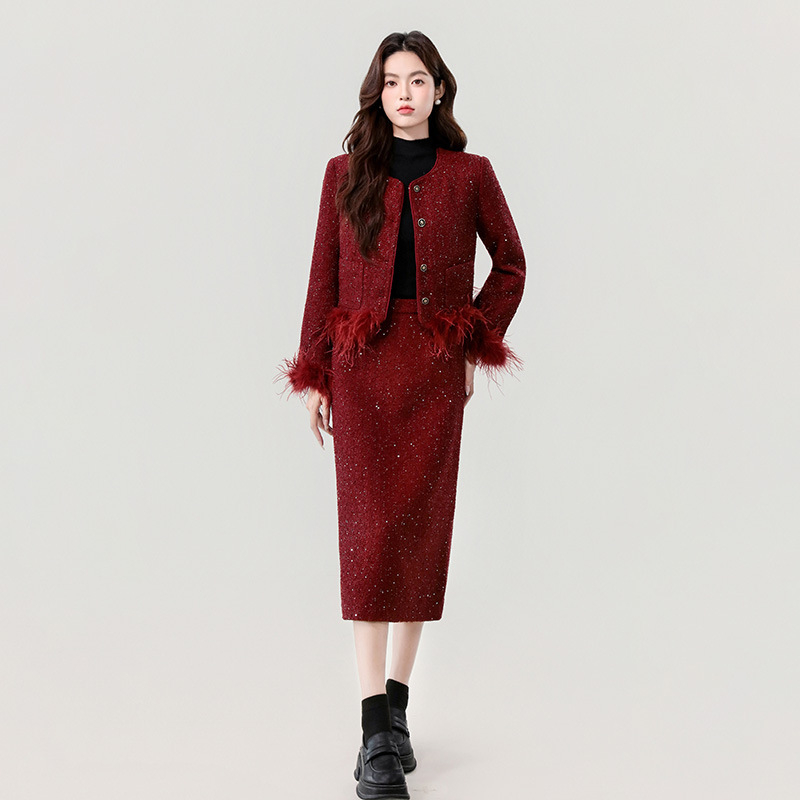 Set din două piese: top cardigan și fustă midi, țesut, amestec poliester-cashmere, mâneci lungi, stil casual japonezo-koreean