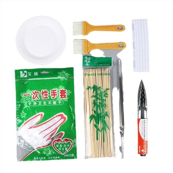 Excellent 7-djelni set alata za roštilj na otvorenom s rukavicama, ploča, kliještima, četkom, vilicom i ražnjicama — nehrđajući čelik, bambus, PP