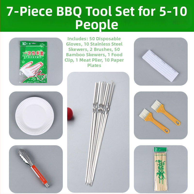 Excellent 7-djelni set alata za roštilj na otvorenom s rukavicama, ploča, kliještima, četkom, vilicom i ražnjicama — nehrđajući čelik, bambus, PP