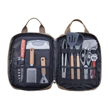 Tuosun преносим комплект за открито готвене от неръждаема стомана в чанта за кухненски прибори, 10 части; включва нож, дъска за рязане, лопатка, лъжица, ножици и щипки за барбекю; тегло 1.2 кг; подходящ за 2-8 човека