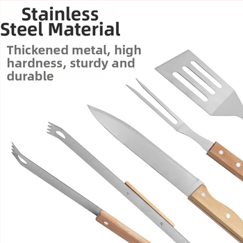 Sada nástrojov na grilovanie pre vonkajšie prostredie s nehrdzavejúcou oceľou a drevenými rukoväťami - nôž, kliešte, vidlička, špachtľa