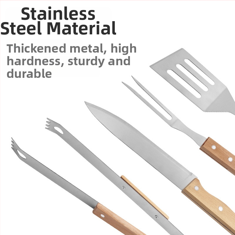 Sada nástrojov na grilovanie pre vonkajšie prostredie s nehrdzavejúcou oceľou a drevenými rukoväťami - nôž, kliešte, vidlička, špachtľa