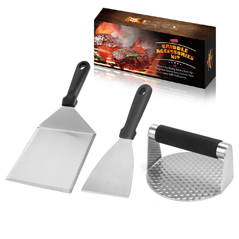 Set de 3 piese din oțel inoxidabil pentru Teppanyaki, cu spatulă și presă pentru carne