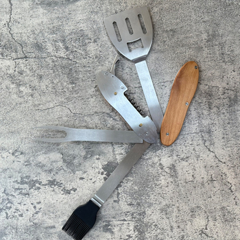 Set BBQ din oțel inoxidabil, multifuncțional, cu perie pentru ulei, furculiță, spatulă și lopată – portabil, pliabil pentru grătar în aer liber