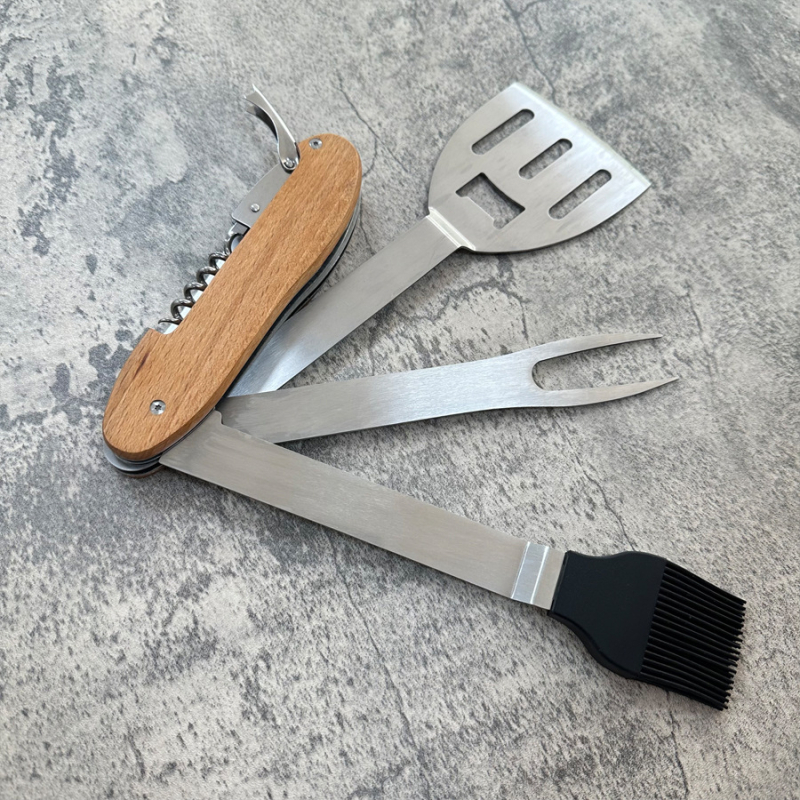 Set BBQ din oțel inoxidabil, multifuncțional, cu perie pentru ulei, furculiță, spatulă și lopată – portabil, pliabil pentru grătar în aer liber