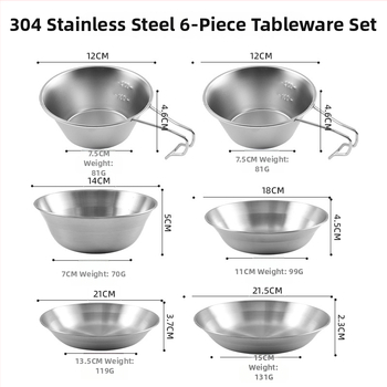 Комплект чинии от неръждаема стомана 304 за открито, преносим, шестчленен комплект за 2–3 човека