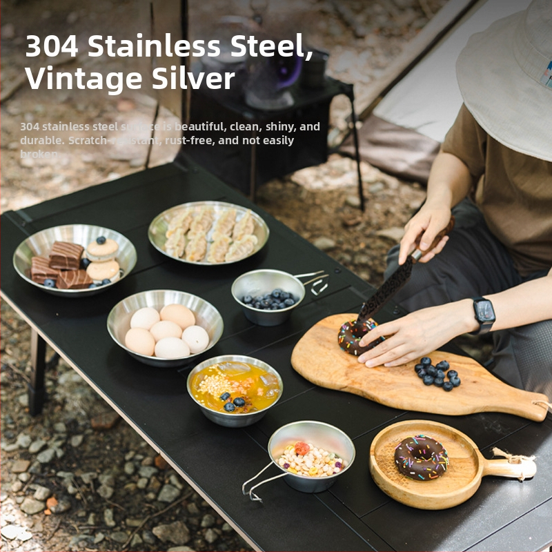 Комплект чинии от неръждаема стомана 304 за открито, преносим, шестчленен комплект за 2–3 човека