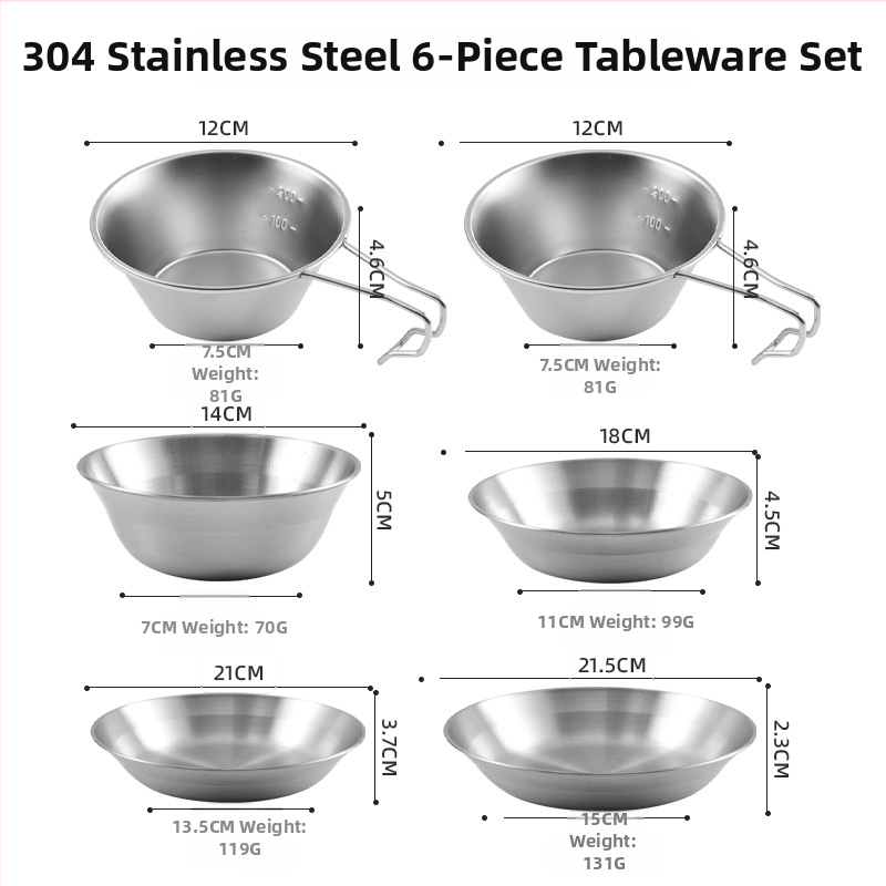 Комплект чинии от неръждаема стомана 304 за открито, преносим, шестчленен комплект за 2–3 човека