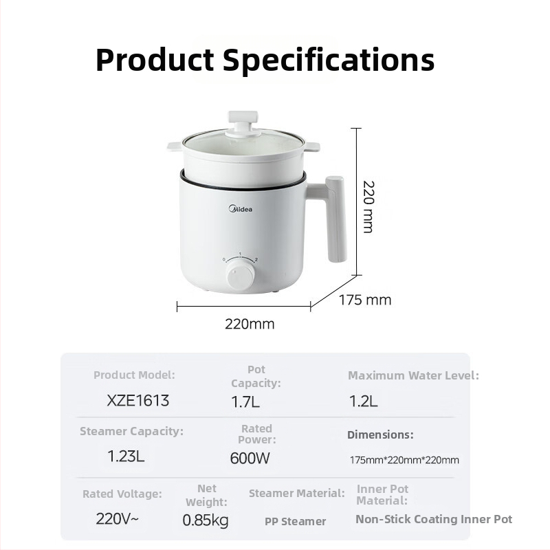 Midea elektrický hrniec s nepriľnavým vnútorným nádobou, objem do 2 L, pre 2–3 osoby, ovládanie gombou, model XZE1613