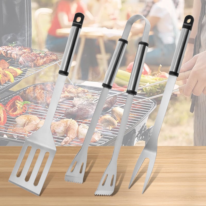 Set de unelte pentru grătar din oțel inox 410, 3 piese (clemă, furculiță și spatulă) — Modelul 02, 50 bucăți pe cutie