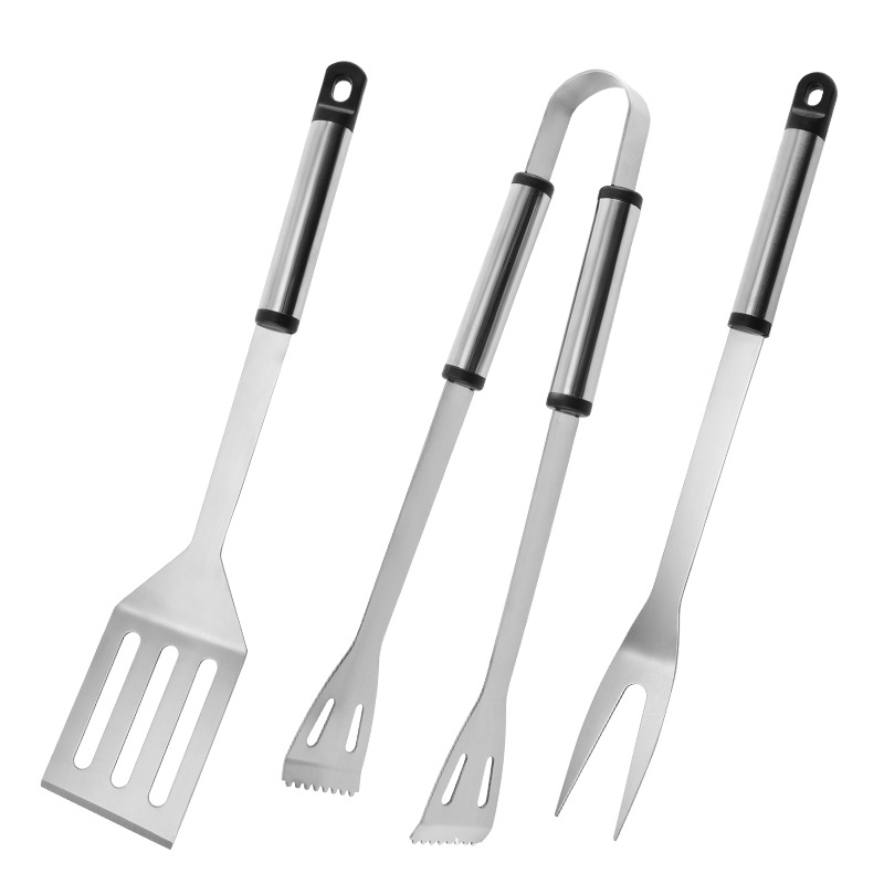 Set de unelte pentru grătar din oțel inox 410, 3 piese (clemă, furculiță și spatulă) — Modelul 02, 50 bucăți pe cutie