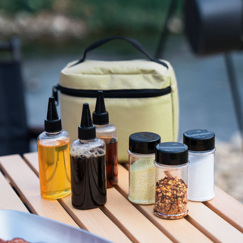 Set de recipiente pentru condimente pentru camping, cu geantă de depozitare din pânză și 6 sticle de plastic – portabil, ecologic, dublu scop