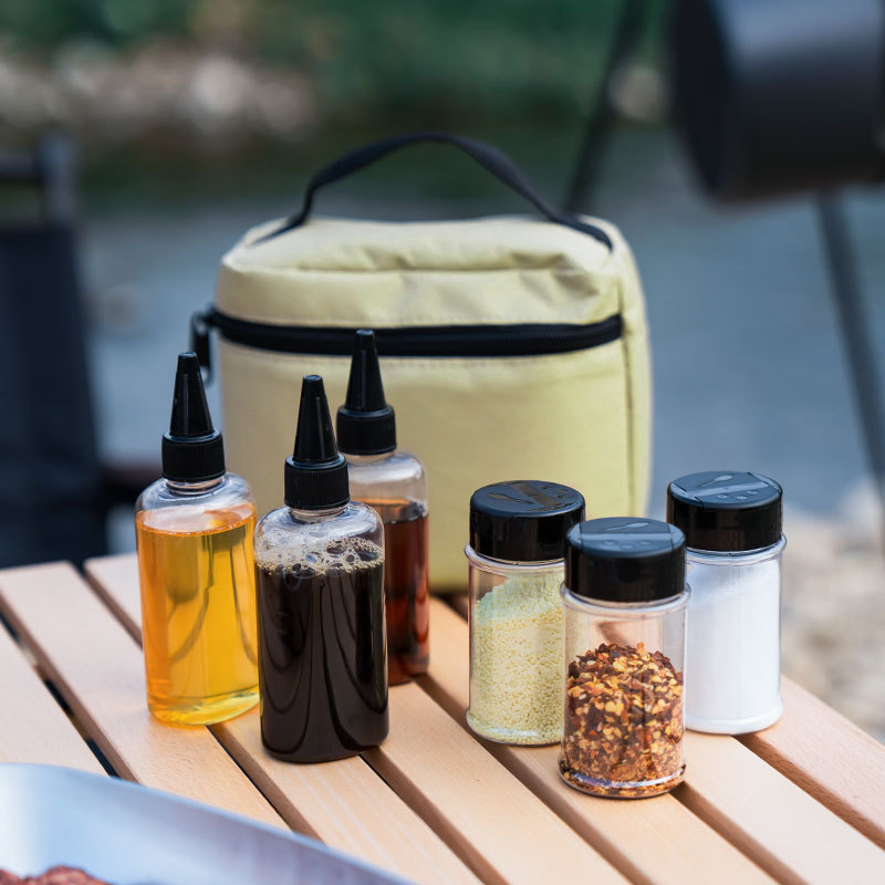 Set de recipiente pentru condimente pentru camping, cu geantă de depozitare din pânză și 6 sticle de plastic – portabil, ecologic, dublu scop