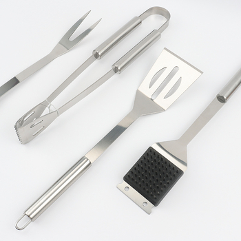 Set de unelte BBQ din oțel inoxidabil, 4 piese: clemă, perie, furculiță și lopată; portabil pentru exterior