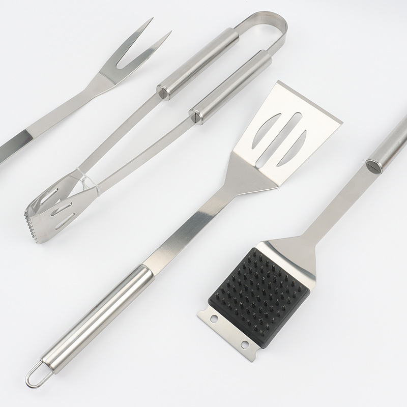 Set de unelte BBQ din oțel inoxidabil, 4 piese: clemă, perie, furculiță și lopată; portabil pentru exterior