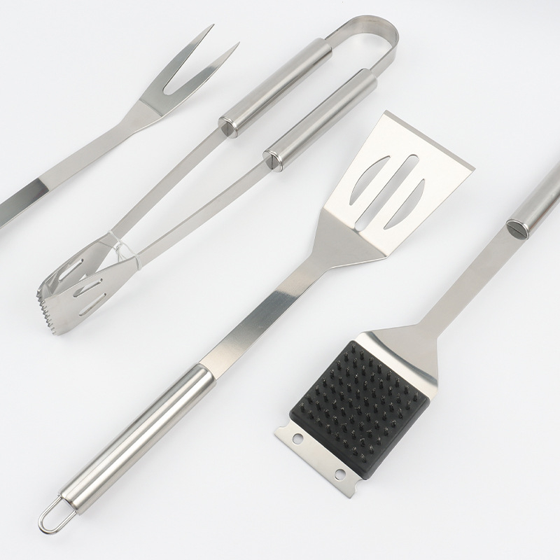 Set de unelte BBQ din oțel inoxidabil, 4 piese: clemă, perie, furculiță și lopată; portabil pentru exterior
