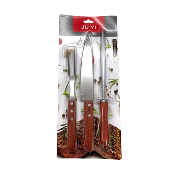 3-dielny set grilovacích nástrojov s drevenou rukoväťou: vidlička, nôž a brúsna tyč z nehrdzavejúcej ocele