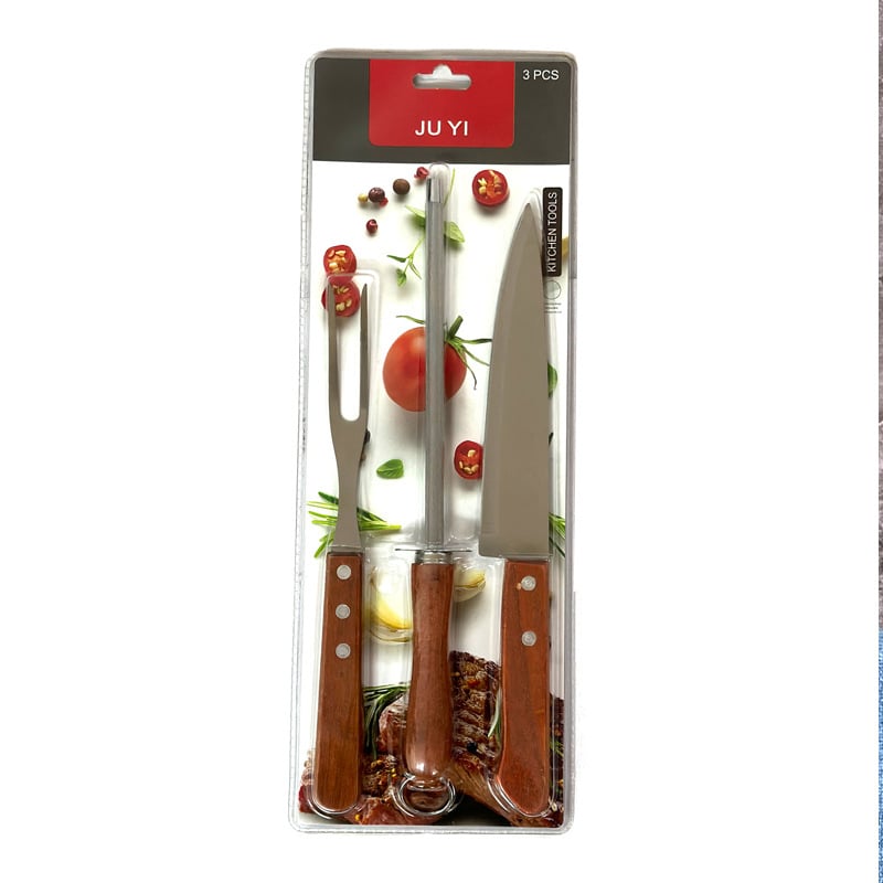 3-dielny set grilovacích nástrojov s drevenou rukoväťou: vidlička, nôž a brúsna tyč z nehrdzavejúcej ocele