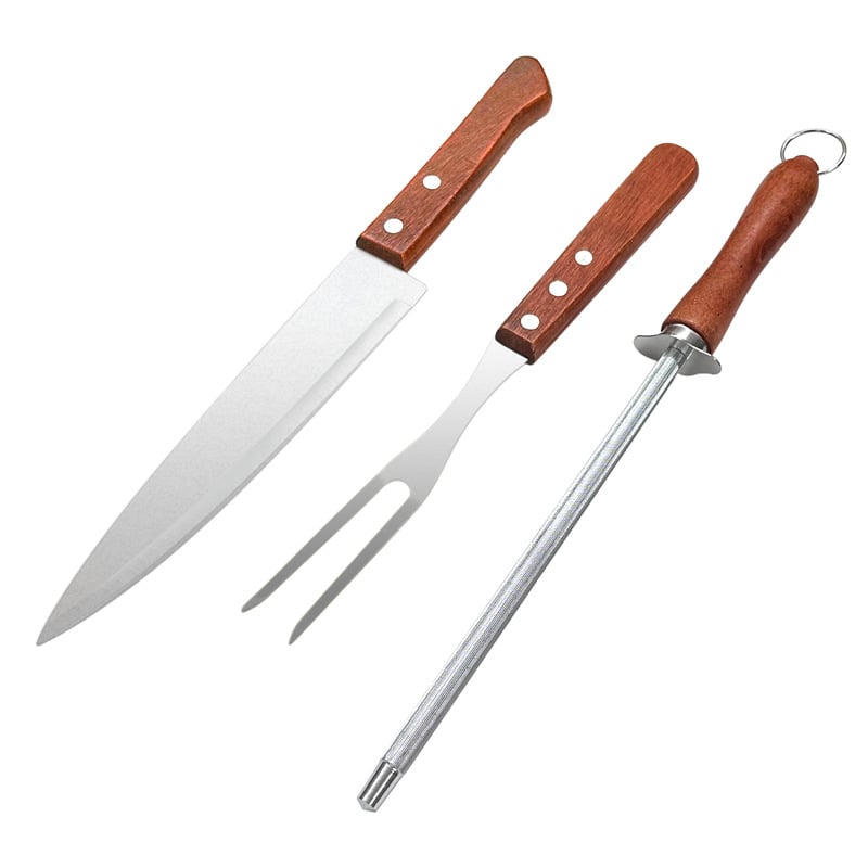 3-dielny set grilovacích nástrojov s drevenou rukoväťou: vidlička, nôž a brúsna tyč z nehrdzavejúcej ocele