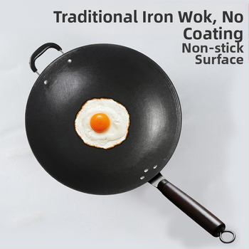 Tradicionalni nepokrovani wok od lijevanog željeza, s okruglim ravnim dnom, ojačani, pogodan za plin i indukciju