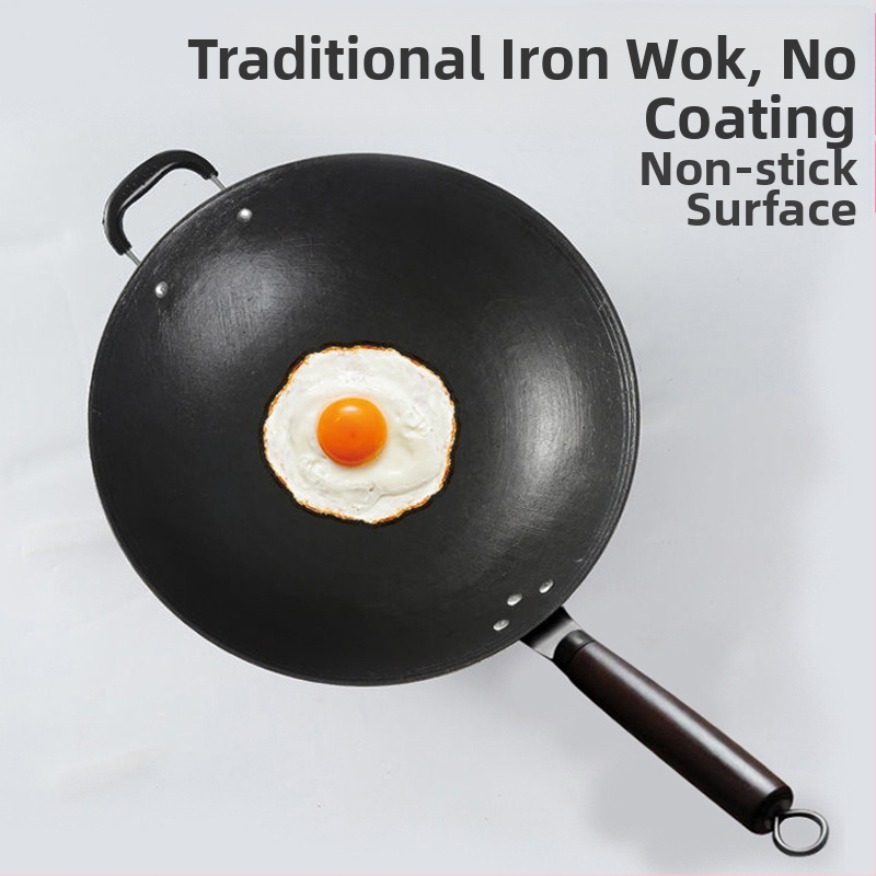 Tradicionalni nepokrovani wok od lijevanog željeza, s okruglim ravnim dnom, ojačani, pogodan za plin i indukciju